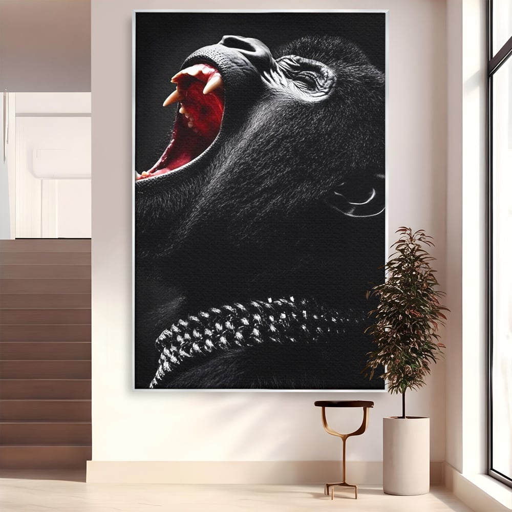Tablou canvas cu tablou canvas cu gorila furioasa, in rama de aluminiu argintiu